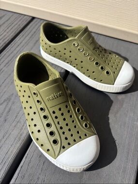 Native Kids Slip-On Water Shoes in Olive Green with White Toe